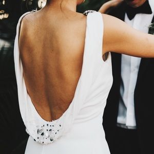 Badgley Mischka white wedding dress cowl back